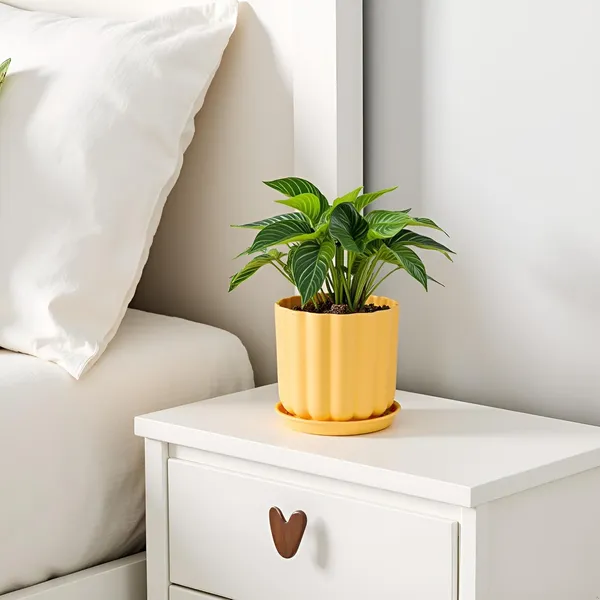 Flona_Saffron_With_Plate_R4_Saffron_Ceramic_Pots_For_Indoor_Plants,Planters,Flower,Gamla,Outdoor,Balcony,Home,Garden,Decor(Pot-H-11.5_X_D-12_Cm,Plate-H-2Xd-13Cm)