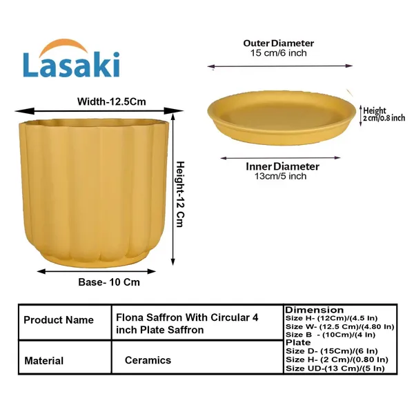 Flona_Saffron_With_Plate_R4_Saffron_Ceramic_Pots_For_Indoor_Plants,Planters,Flower,Gamla,Outdoor,Balcony,Home,Garden,Decor(Pot-H-11.5_X_D-12_Cm,Plate-H-2Xd-13Cm)