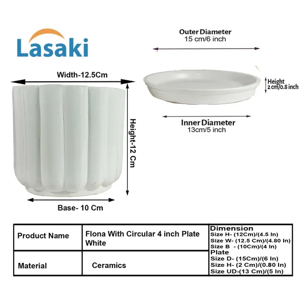 Flona_White_With_Plate_R4_White_Ceramic_Pots_For_Indoor_Plants,Planters,Flower,Gamla,Outdoor,Balcony,Home,Garden,Decor(Pot-H-11.5_X_D-12_Cm,Plate-H-2Xd-13Cm)