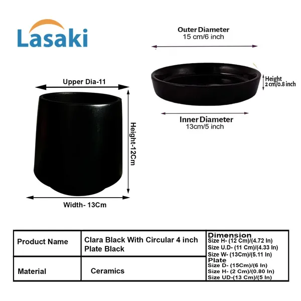 Clara_Black_With_Plate_R4_Black_Ceramic_Pots_For_Indoor_Plants,Planters,Flower,Gamla,Outdoor,Balcony,Home,Garden,Decor(Pot-H-12.5_X_D-13_Cm,Plate-H-2Xd-13Cm)