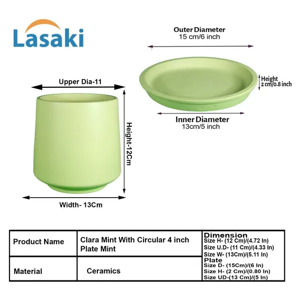 Clara_Mint_With_Plate_R4_Mint_Ceramic_Pots_For_Indoor_Plants,Planters,Flower,Gamla,Outdoor,Balcony,Home,Garden,Decor(Pot-H-12.5_X_D-13_Cm,Plate-H-2Xd-13Cm)