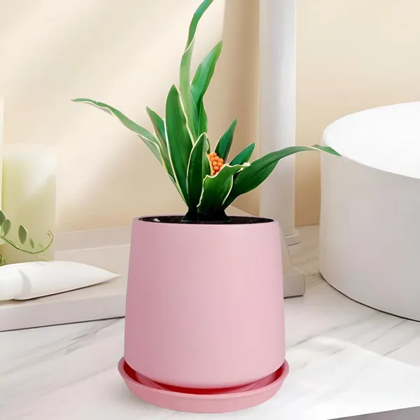 Clara_Pink_With_Plate_R4_Pink_Ceramic_Pots_For_Indoor_Plants,Planters,Flower,Gamla,Outdoor,Balcony,Home,Garden,Decor(Pot-H-12.5_X_D-13_Cm,Plate-H-2Xd-13Cm)