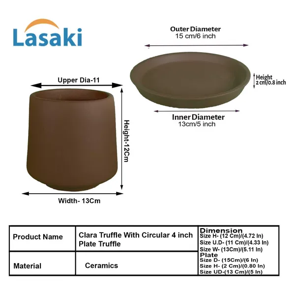 Clara_Truffle_With_Plate_R4_Truffle_Ceramic_Pots_For_Indoor_Plants,Planters,Flower,Gamla,Outdoor,Balcony,Home,Garden,Decor(Pot-H-12.5_X_D-13_Cm,Plate-H-2Xd-13Cm)