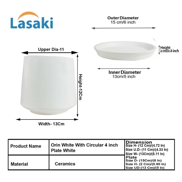Clara_White_With_Plate_R4_White_Ceramic_Pots_For_Indoor_Plants,Planters,Flower,Gamla,Outdoor,Balcony,Home,Garden,Decor(Pot-H-12.5_X_D-13_Cm,Plate-H-2Xd-13Cm)