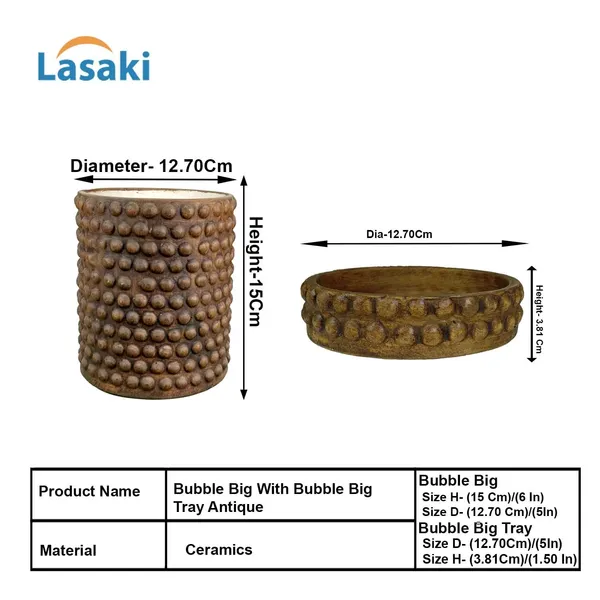 Bubble_Big_Antique_With_Tray_Bubble_Big_Antique_Ceramic_Pots_For_Indoor_Plants,Planters,Flower,Gamla,Outdoor,Balcony,Home,Garden,Decor(Pot-H-15_X_D-13_Cm,Plate-H-3Xd-13Cm)