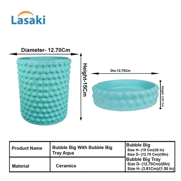 Bubble_Big_Aqua_With_Tray_Bubble_Big_Aqua_Ceramic_Pots_For_Indoor_Plants,Planters,Flower,Gamla,Outdoor,Balcony,Home,Garden,Decor(Pot-H-15_X_D-13_Cm,Plate-H-3Xd-13Cm)