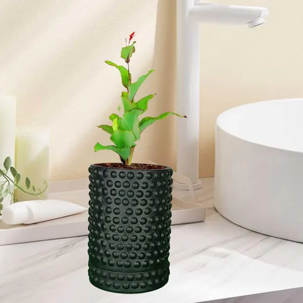 Bubble_Big_Black_With_Tray_Bubble_Big_Black_Ceramic_Pots_For_Indoor_Plants,Planters,Flower,Gamla,Outdoor,Balcony,Home,Garden,Decor(Pot-H-15_X_D-13_Cm,Plate-H-3Xd-13Cm)