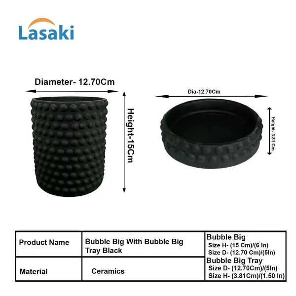 Bubble_Big_Black_With_Tray_Bubble_Big_Black_Ceramic_Pots_For_Indoor_Plants,Planters,Flower,Gamla,Outdoor,Balcony,Home,Garden,Decor(Pot-H-15_X_D-13_Cm,Plate-H-3Xd-13Cm)
