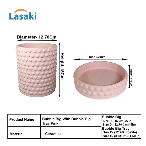 Bubble_Big_Pink_With_Tray_Bubble_Big_Pink_Ceramic_Pots_For_Indoor_Plants,Planters,Flower,Gamla,Outdoor,Balcony,Home,Garden,Decor(Pot-H-15_X_D-13_Cm,Plate-H-3Xd-13Cm)
