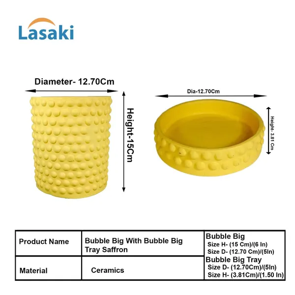 Bubble_Big_Saffron_With_Tray_Bubble_Big_Saffron_Ceramic_Pots_For_Indoor_Plants,Planters,Flower,Gamla,Outdoor,Balcony,Home,Garden,Decor(Pot-H-15_X_D-13_Cm,Plate-H-3Xd-13Cm)