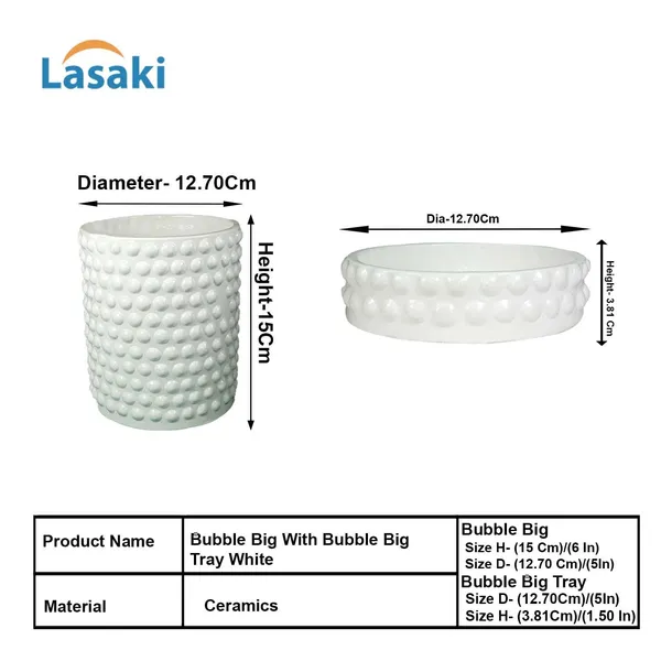 Bubble_Big_White_With_Tray_Bubble_Big_White_Ceramic_Pots_For_Indoor_Plants,Planters,Flower,Gamla,Outdoor,Balcony,Home,Garden,Decor(Pot-H-15_X_D-13_Cm,Plate-H-3Xd-13Cm)
