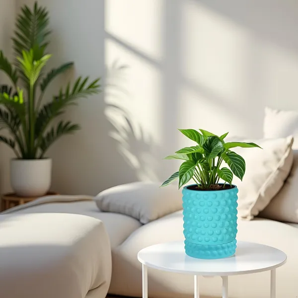 Bubble_Small_Aqua_With_Tray_Bubble_Small_Aqua_Ceramic_Pots_For_Indoor_Plants,Planters,Flower,Gamla,Outdoor,Balcony(Pot-H-10.5_X_D-10.5_Cm,Plate-H-3Xd-10.5Cm)