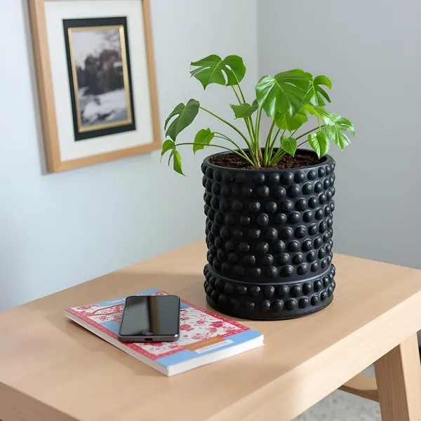 Bubble_Small_Black_With_Tray_Bubble_Small_Black_Ceramic_Pots_For_Indoor_Plants,Planters,Flower,Gamla,Outdoor,Balcony(Pot-H-10.5_X_D-10.5_Cm,Plate-H-3Xd-10.5Cm)