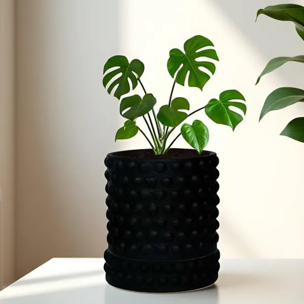 Bubble_Small_Black_With_Tray_Bubble_Small_Black_Ceramic_Pots_For_Indoor_Plants,Planters,Flower,Gamla,Outdoor,Balcony(Pot-H-10.5_X_D-10.5_Cm,Plate-H-3Xd-10.5Cm)