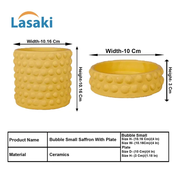 Bubble_Small_Saffron_With_Tray_Bubble_Small_Saffron_Ceramic_Pots_For_Indoor_Plants,Planters,Flower,Gamla,Outdoor,Balcony(Pot-H-10.5_X_D-10.5_Cm,Plate-H-3Xd-10.5Cm)