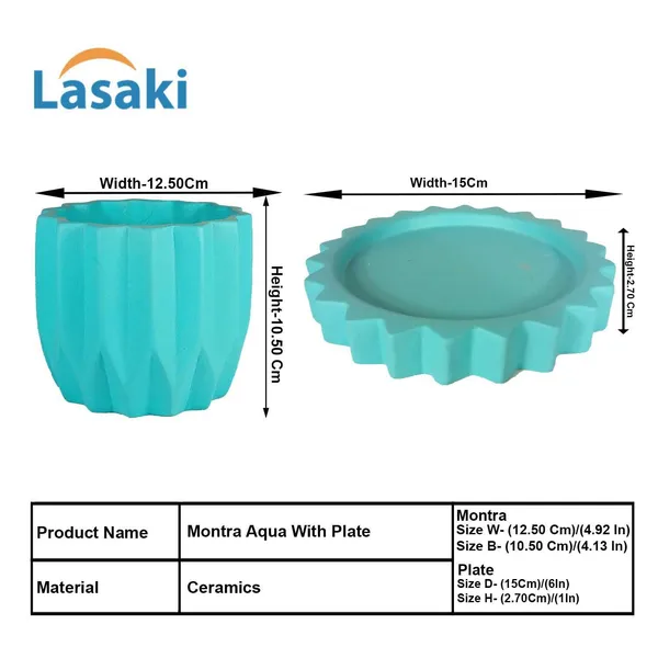 Montra_Aqua_With_Tray_Celty_Aqua_Ceramic_Pots_For_Indoor_Plants,Planters,Flower,Gamla,Outdoor,Balcony,Home,Garden,Decor(Pot-H-10.5_X_D-12.5_Cm,Plate-H-2.5Xd-14.5Cm)