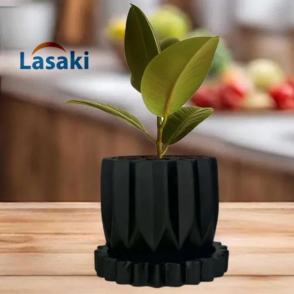 Montra_Black_With_Tray_Celty_Black_Ceramic_Pots_For_Indoor_Plants,Planters,Flower,Gamla,Outdoor,Balcony,Home,Garden,Decor(Pot-H-10.5_X_D-12.5_Cm,Plate-H-2.5Xd-14.5Cm)