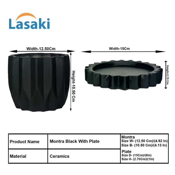 Montra_Black_With_Tray_Celty_Black_Ceramic_Pots_For_Indoor_Plants,Planters,Flower,Gamla,Outdoor,Balcony,Home,Garden,Decor(Pot-H-10.5_X_D-12.5_Cm,Plate-H-2.5Xd-14.5Cm)