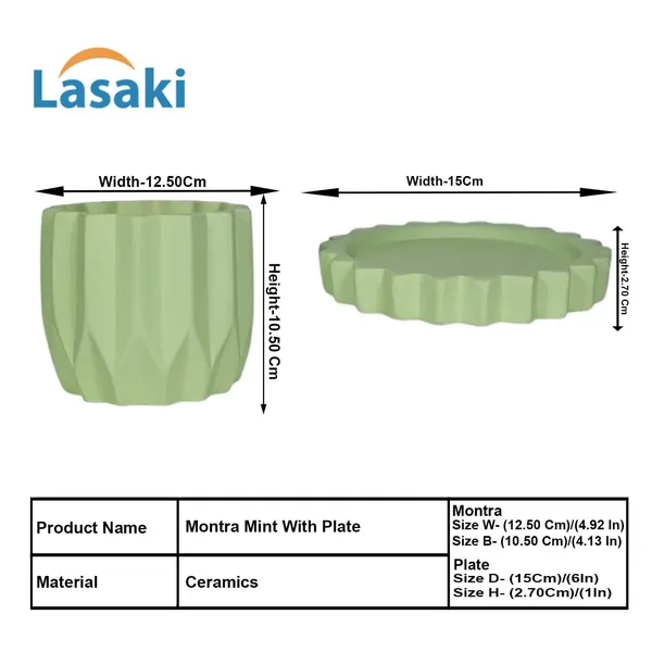 Montra_Mint_With_Tray_Celty_Mint_Ceramic_Pots_For_Indoor_Plants,Planters,Flower,Gamla,Outdoor,Balcony,Home,Garden,Decor(Pot-H-10.5_X_D-12.5_Cm,Plate-H-2.5Xd-14.5Cm)