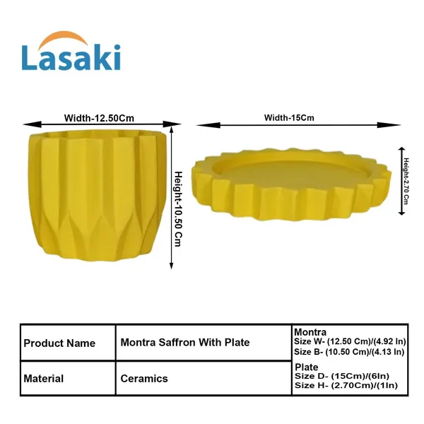 Montra_Saffron_With_Tray_Celty_Saffron_Ceramic_Pots_For_Indoor_Plants,Planters,Flower,Gamla,Outdoor,Balcony,Home,Garden,Decor(Pot-H-10.5_X_D-12.5_Cm,Plate-H-2.5Xd-14.5Cm)