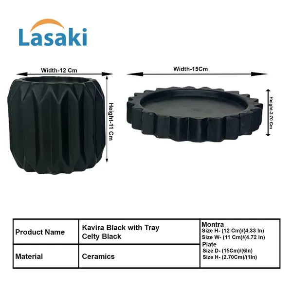 Kavira_Black_With_Tray_Celty_Black_Ceramic_Pots_For_Indoor_Plants,Planters,Flower,Gamla,Outdoor,Balcony,Home,Garden,Decor(Pot-H-11_X_D-12_Cm,Plate-H-2.5Xd-14.5Cm)