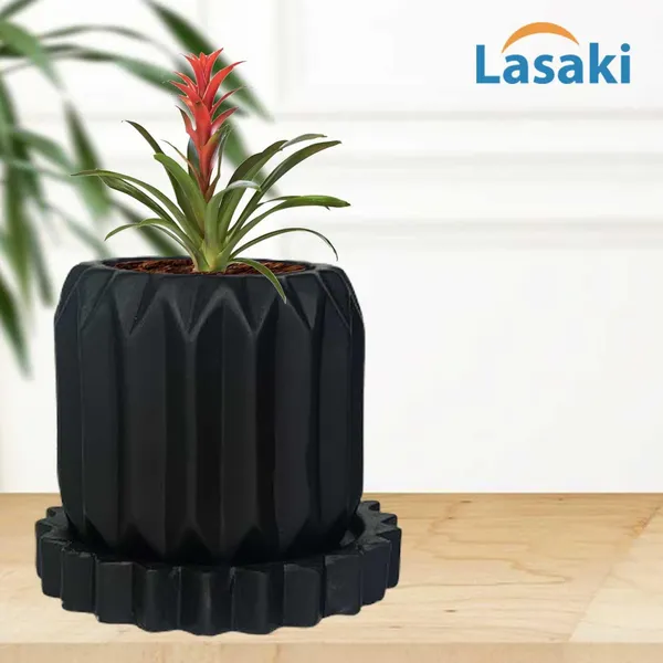 Kavira_Black_With_Tray_Celty_Black_Ceramic_Pots_For_Indoor_Plants,Planters,Flower,Gamla,Outdoor,Balcony,Home,Garden,Decor(Pot-H-11_X_D-12_Cm,Plate-H-2.5Xd-14.5Cm)