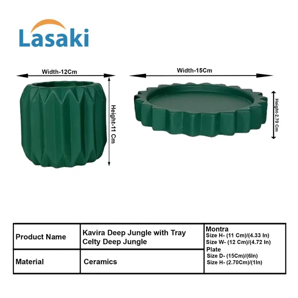 Kavira_Deep_Jungle_With_Tray_Celty_Deep_Jungle_Ceramic_Pots_For_Indoor_Plants,Planters,Flower,Gamla,Outdoor,Balcony,Home,Garden(Pot-H-11_X_D-12_Cm,Plate-H-2.5Xd-14.5Cm)