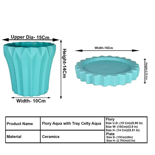 Flory_Aqua_With_Tray_Celty_Aqua_Ceramic_Pots_For_Indoor_Plants,Planters,Flower,Gamla,Outdoor,Balcony,Home,Garden,Decor(Pot-H-14_X_D-15_Cm,Plate-H-2.5Xd-14.5Cm)