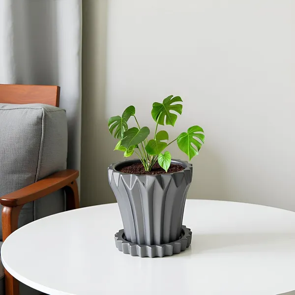 Flory_Black_With_Tray_Celty_Black_Ceramic_Pots_For_Indoor_Plants,Planters,Flower,Gamla,Outdoor,Balcony,Home,Garden,Decor(Pot-H-14_X_D-15_Cm,Plate-H-2.5Xd-14.5Cm)