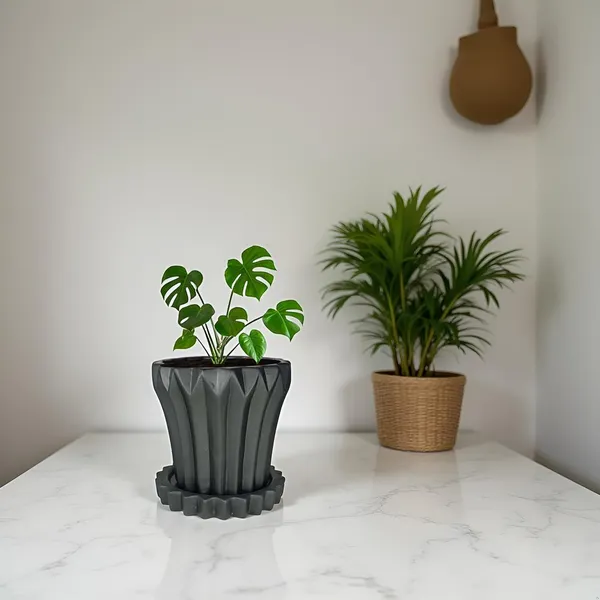 Flory_Black_With_Tray_Celty_Black_Ceramic_Pots_For_Indoor_Plants,Planters,Flower,Gamla,Outdoor,Balcony,Home,Garden,Decor(Pot-H-14_X_D-15_Cm,Plate-H-2.5Xd-14.5Cm)