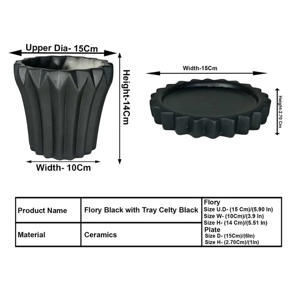 Flory_Black_With_Tray_Celty_Black_Ceramic_Pots_For_Indoor_Plants,Planters,Flower,Gamla,Outdoor,Balcony,Home,Garden,Decor(Pot-H-14_X_D-15_Cm,Plate-H-2.5Xd-14.5Cm)