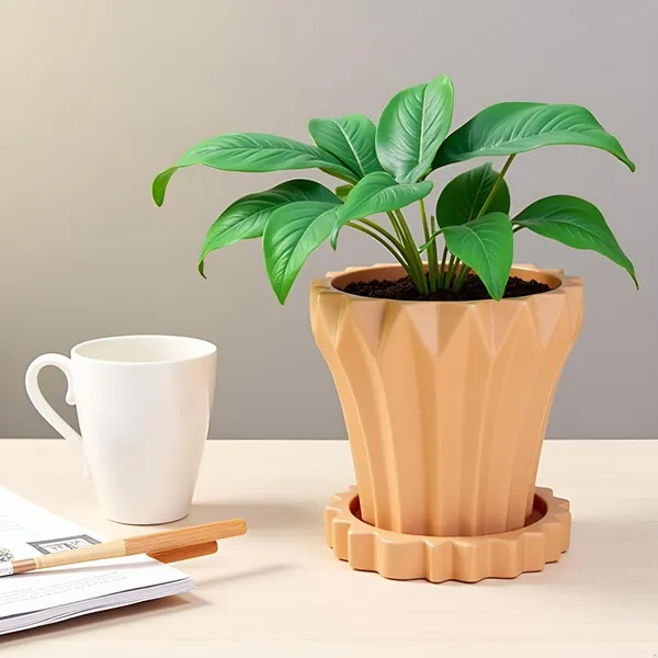 Flory_Ginger_With_Tray_Celty_Ginger_Ceramic_Pots_For_Indoor_Plants,Planters,Flower,Gamla,Outdoor,Balcony,Home,Garden,Decor(Pot-H-14_X_D-15_Cm,Plate-H-2.5Xd-14.5Cm)