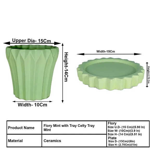 Flory_Mint_With_Tray_Celty_Mint_Ceramic_Pots_For_Indoor_Plants,Planters,Flower,Gamla,Outdoor,Balcony,Home,Garden,Decor(Pot-H-14_X_D-15_Cm,Plate-H-2.5Xd-14.5Cm)