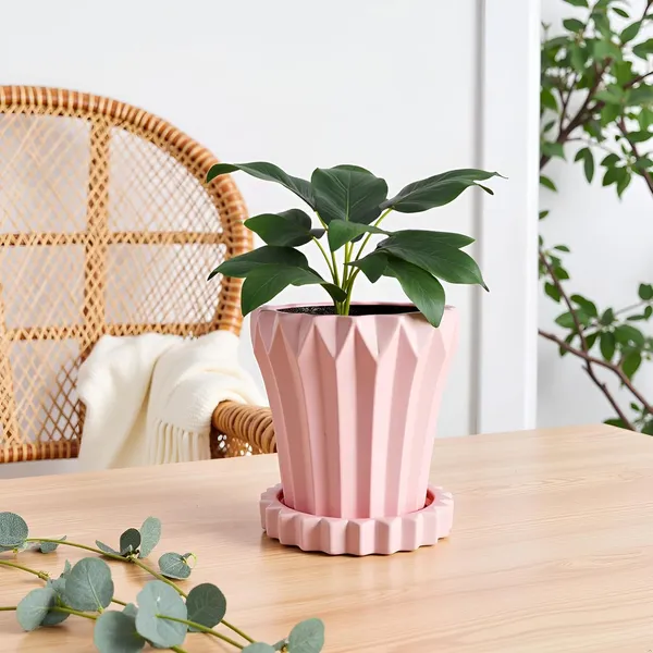Flory_Pink_With_Tray_Celty_Pink_Ceramic_Pots_For_Indoor_Plants,Planters,Flower,Gamla,Outdoor,Balcony,Home,Garden,Decor(Pot-H-14_X_D-15_Cm,Plate-H-2.5Xd-14.5Cm)