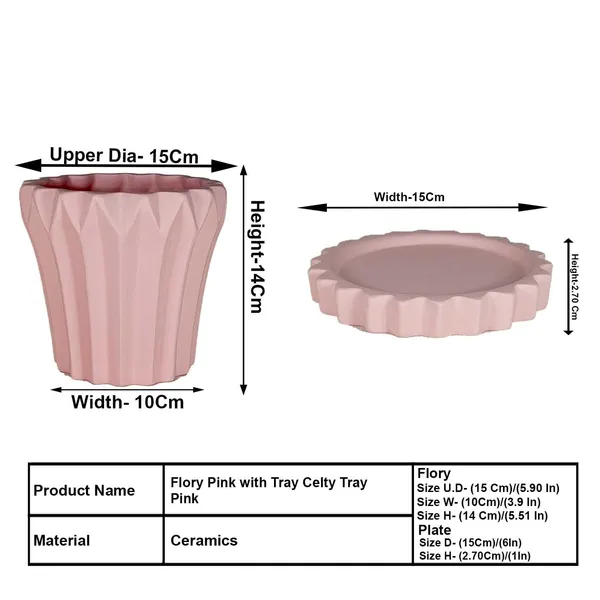 Flory_Pink_With_Tray_Celty_Pink_Ceramic_Pots_For_Indoor_Plants,Planters,Flower,Gamla,Outdoor,Balcony,Home,Garden,Decor(Pot-H-14_X_D-15_Cm,Plate-H-2.5Xd-14.5Cm)