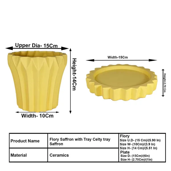 Flory_Saffron_With_Tray_Celty_Saffron_Ceramic_Pots_For_Indoor_Plants,Planters,Flower,Gamla,Outdoor,Balcony,Home,Garden,Decor(Pot-H-14_X_D-15_Cm,Plate-H-2.5Xd-14.5Cm)