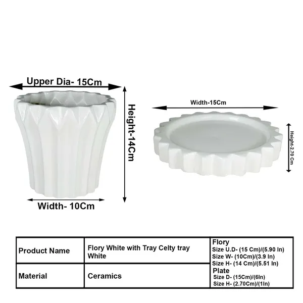 Flory_White_With_Tray_Celty_White_Ceramic_Pots_For_Indoor_Plants,Planters,Flower,Gamla,Outdoor,Balcony,Home,Garden,Decor(Pot-H-14_X_D-15_Cm,Plate-H-2.5Xd-14.5Cm)
