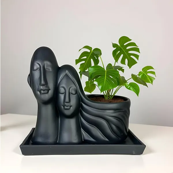 Couple_Black_With_Plate_Rec003_Black_Ceramic_Pots_For_Indoor_Plants,Planters,Flower,Gamla,Outdoor(Pot-L-16_X_W-10_X_H-14.5Cm,Plate-L-21Xw-15Xh-1.7Cm)