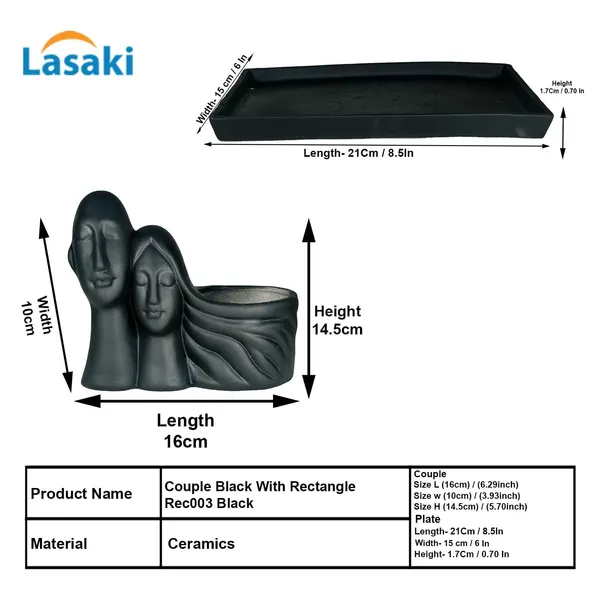 Couple_Black_With_Plate_Rec003_Black_Ceramic_Pots_For_Indoor_Plants,Planters,Flower,Gamla,Outdoor(Pot-L-16_X_W-10_X_H-14.5Cm,Plate-L-21Xw-15Xh-1.7Cm)