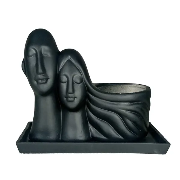 Couple_Black_With_Plate_Rec003_Black_Ceramic_Pots_For_Indoor_Plants,Planters,Flower,Gamla,Outdoor(Pot-L-16_X_W-10_X_H-14.5Cm,Plate-L-21Xw-15Xh-1.7Cm)