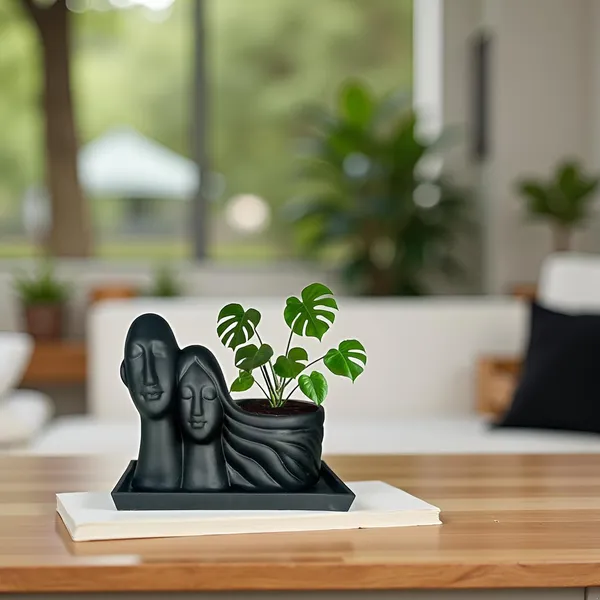 Couple_Black_With_Plate_Rec003_Black_Ceramic_Pots_For_Indoor_Plants,Planters,Flower,Gamla,Outdoor(Pot-L-16_X_W-10_X_H-14.5Cm,Plate-L-21Xw-15Xh-1.7Cm)