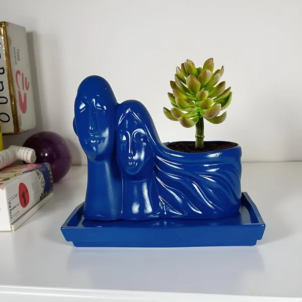 Couple_Blue_With_Plate_Rec003_Blue_Ceramic_Pots_For_Indoor_Plants,Planters,Flower,Gamla,Outdoor(Pot-L-16_X_W-10_X_H-14.5Cm,Plate-L-21Xw-15Xh-1.7Cm)