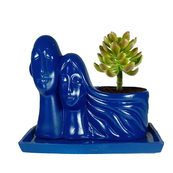 Couple_Blue_With_Plate_Rec003_Blue_Ceramic_Pots_For_Indoor_Plants,Planters,Flower,Gamla,Outdoor(Pot-L-16_X_W-10_X_H-14.5Cm,Plate-L-21Xw-15Xh-1.7Cm)