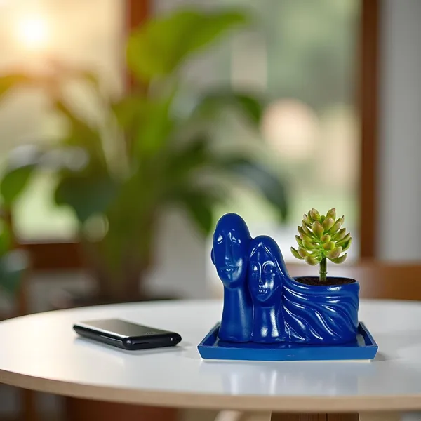 Couple_Blue_With_Plate_Rec003_Blue_Ceramic_Pots_For_Indoor_Plants,Planters,Flower,Gamla,Outdoor(Pot-L-16_X_W-10_X_H-14.5Cm,Plate-L-21Xw-15Xh-1.7Cm)