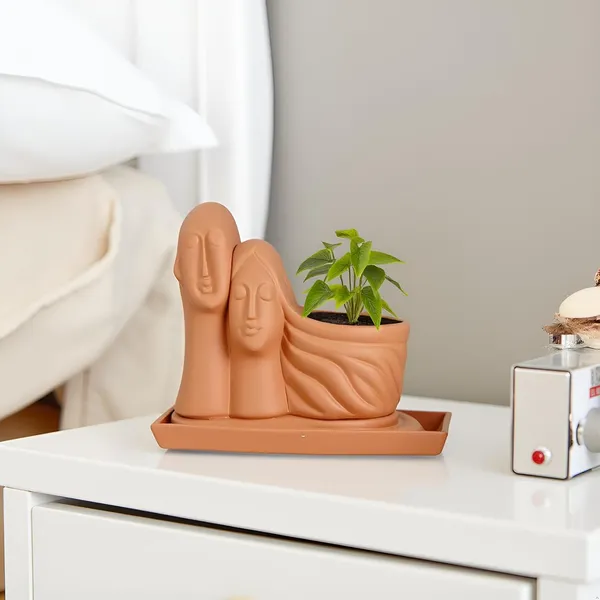Couple_Ginger_With_Plate_Rec003_Ginger_Ceramic_Pots_For_Indoor_Plants,Planters,Flower,Gamla,Outdoor(Pot-L-16_X_W-10_X_H-14.5Cm,Plate-L-21Xw-15Xh-1.7Cm)