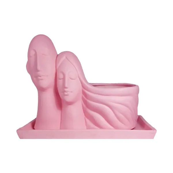 Couple_Pink_With_Plate_Rec003_Pink_Ceramic_Pots_For_Indoor_Plants,Planters,Flower,Gamla,Outdoor(Pot-L-16_X_W-10_X_H-14.5Cm,Plate-L-21Xw-15Xh-1.7Cm)
