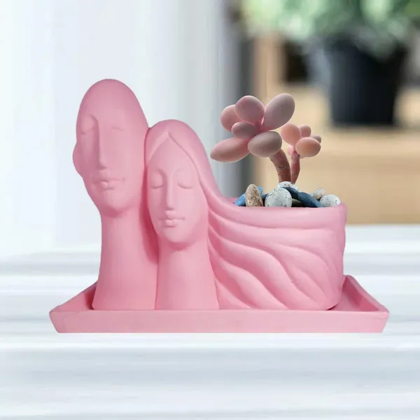 Couple_Pink_With_Plate_Rec003_Pink_Ceramic_Pots_For_Indoor_Plants,Planters,Flower,Gamla,Outdoor(Pot-L-16_X_W-10_X_H-14.5Cm,Plate-L-21Xw-15Xh-1.7Cm)
