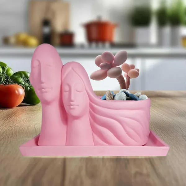 Couple_Pink_With_Plate_Rec003_Pink_Ceramic_Pots_For_Indoor_Plants,Planters,Flower,Gamla,Outdoor(Pot-L-16_X_W-10_X_H-14.5Cm,Plate-L-21Xw-15Xh-1.7Cm)