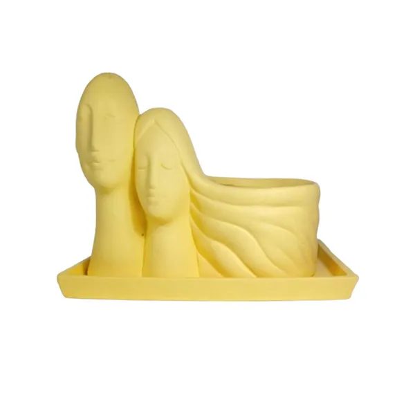 Couple_Saffron_With_Plate_Rec003_Saffron_Ceramic_Pots_For_Indoor_Plants,Planters,Flower,Gamla,Outdoor(Pot-L-16_X_W-10_X_H-14.5Cm,Plate-L-21Xw-15Xh-1.7Cm)
