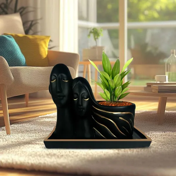 Couple_Black_Gold_With_Plate_Rec003_Black_Ceramic_Pots_For_Indoor_Plants,Planters,Flower,Gamla,Outdoor(Pot-L-16_X_W-10_X_H-14.5Cm,Plate-L-21Xw-15Xh-1.7Cm)
